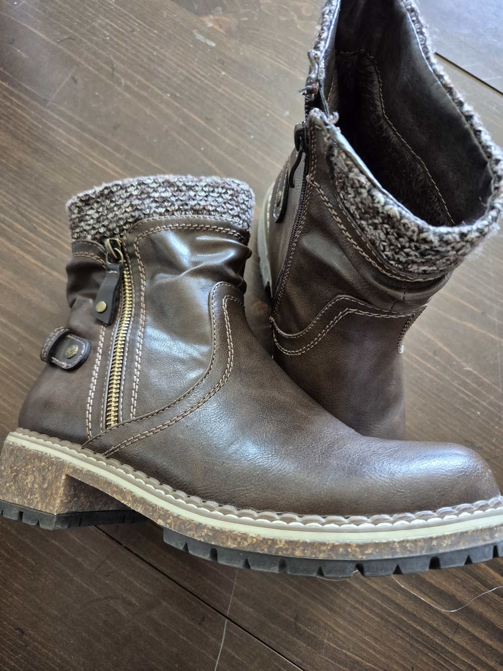 Patrizia Women’s Brown Faux-Leather Ankle Boots with Knit Cuff, Euro 39, 8